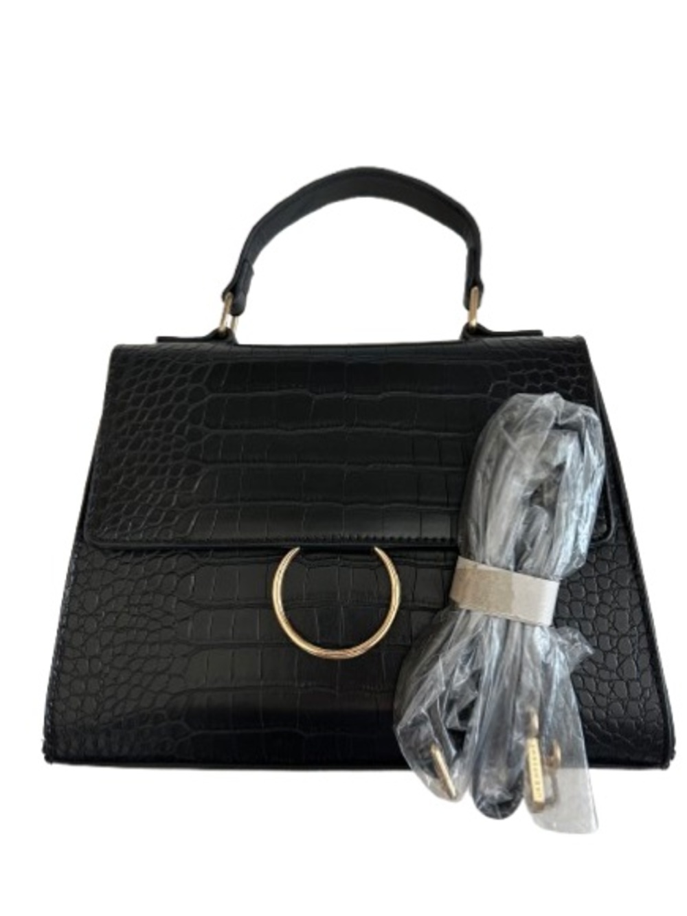 like dreams Black Croc-Embossed Top Handle Satchel with Gold Ring Bag